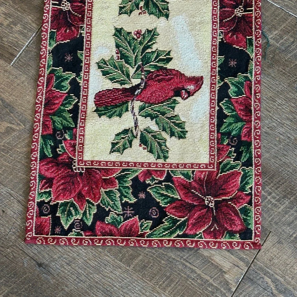 Christmas Cardinal Poinsettia Woven Tapestry Table Runner Red  13x71 Vintage